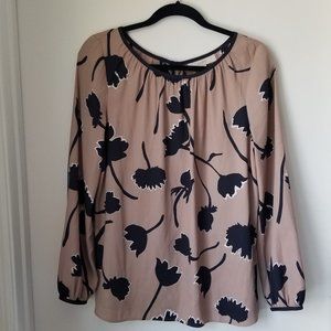 LOFT M Taupe and Black Flower Print Blouse
